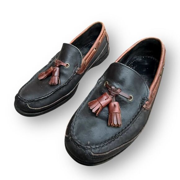 Sebago Tassel Loafers Two Tone Black Brown Leather Moc Shoes Women's size 8 - Picture 11 of 12